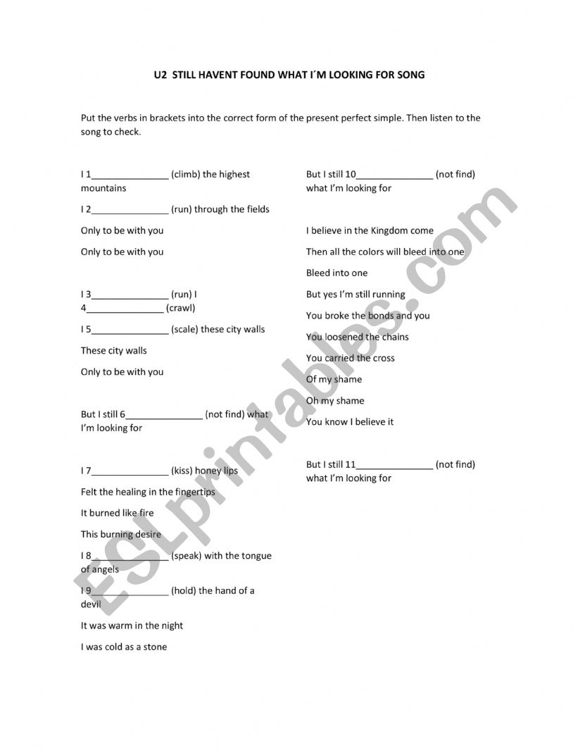 U2 Present Perfect SOng worksheet