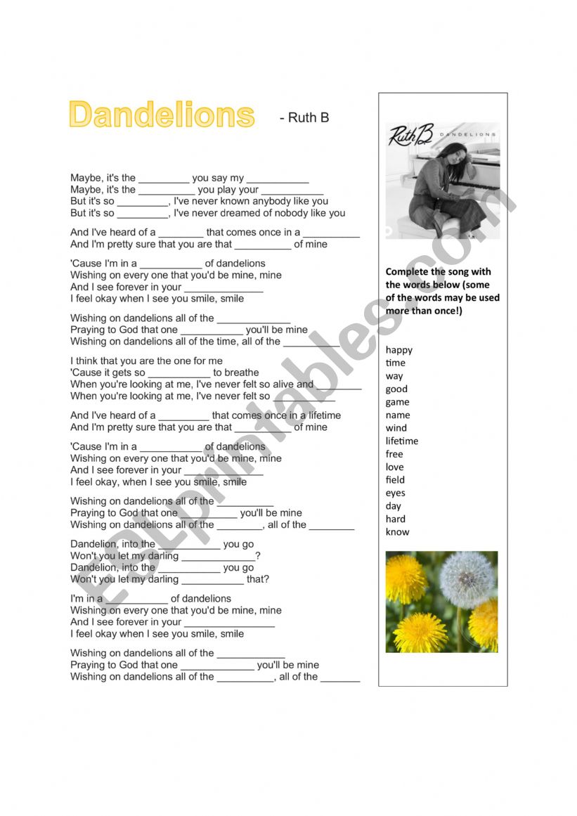 Dandelions song by Ruth B worksheet