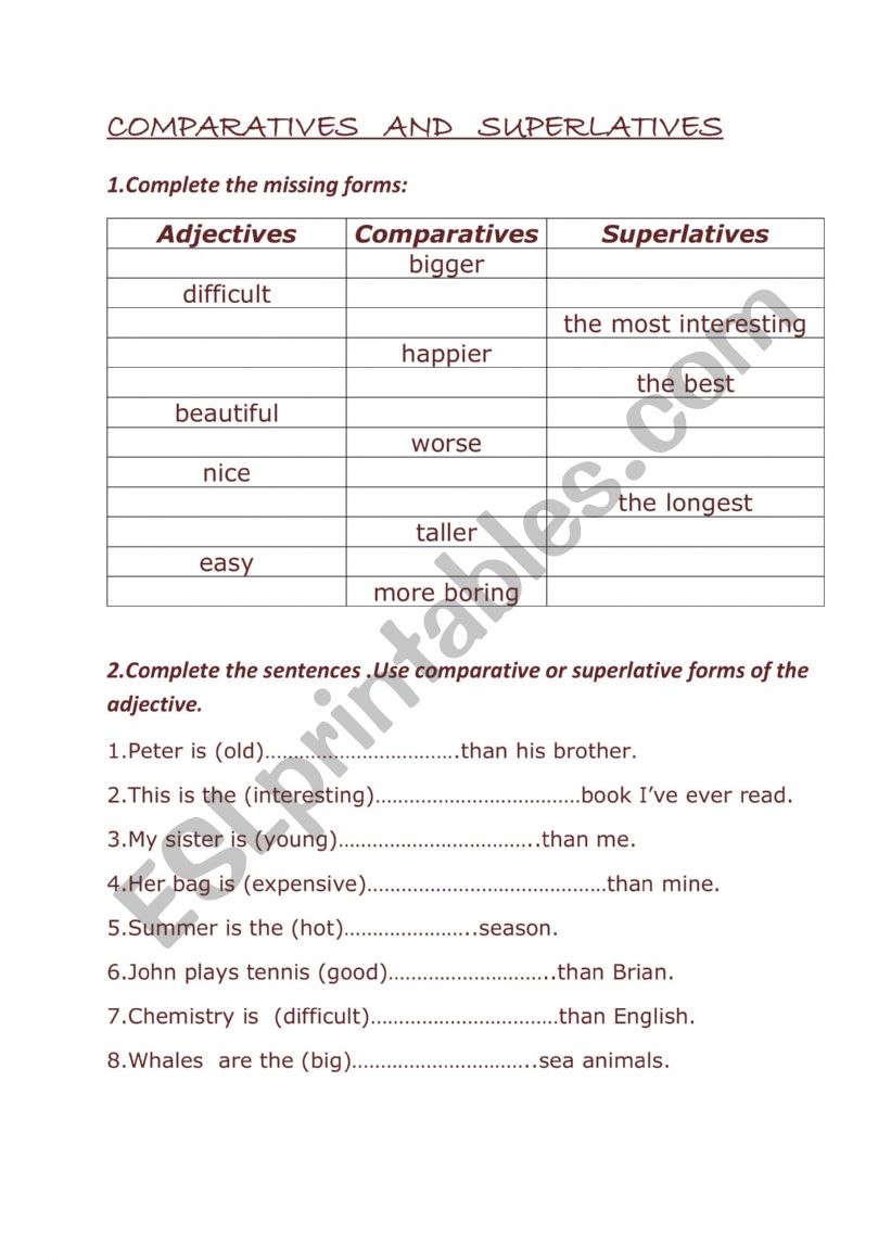 Adjectives worksheet