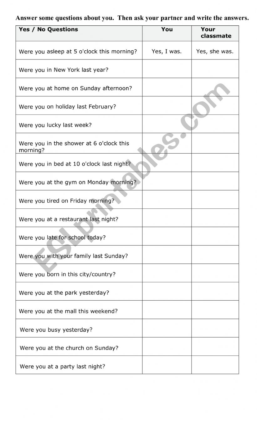 Were you...? worksheet