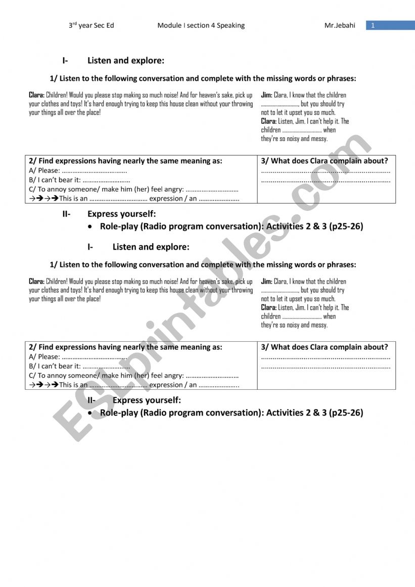 Module I Section 4 Speaking worksheet