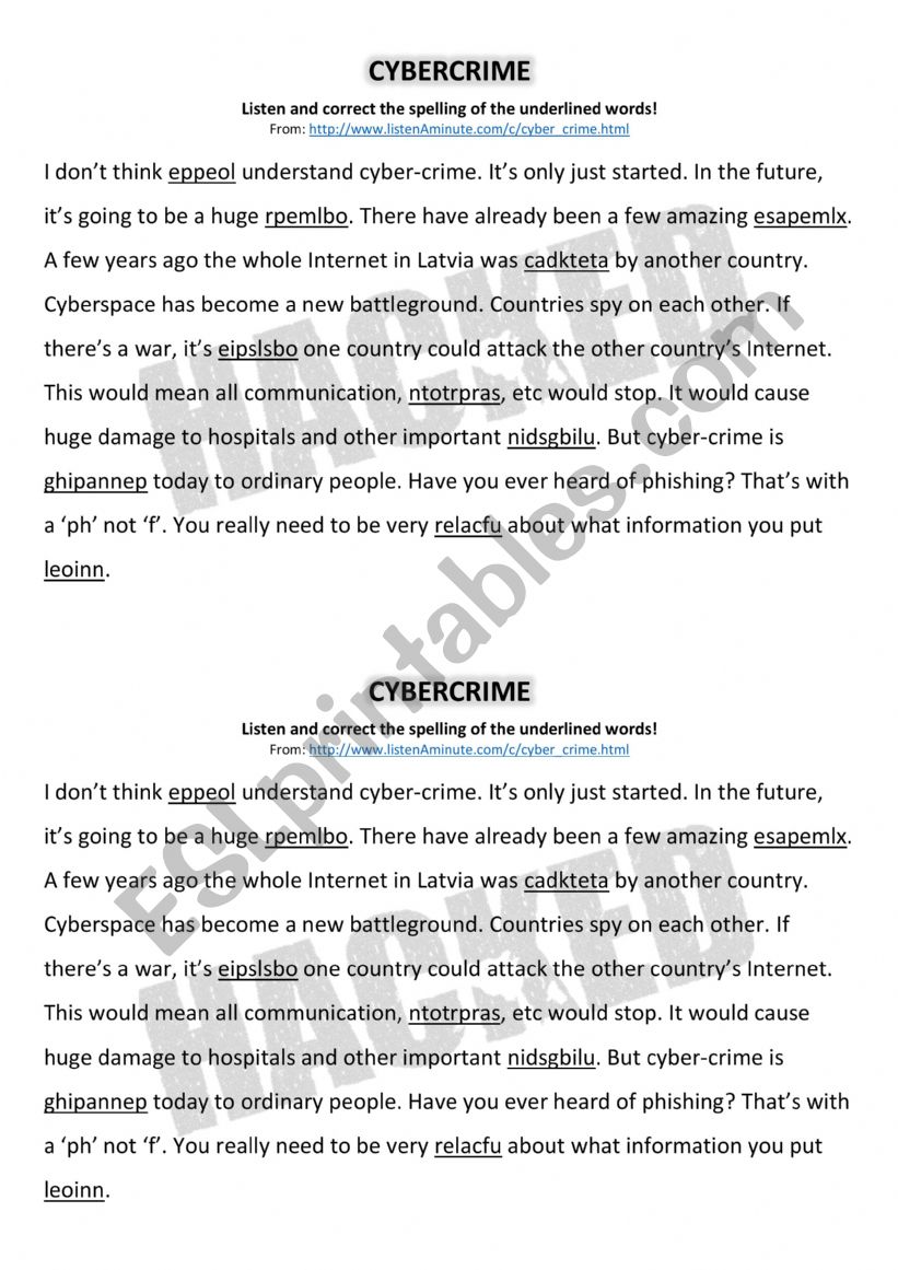 Cybercrime worksheet