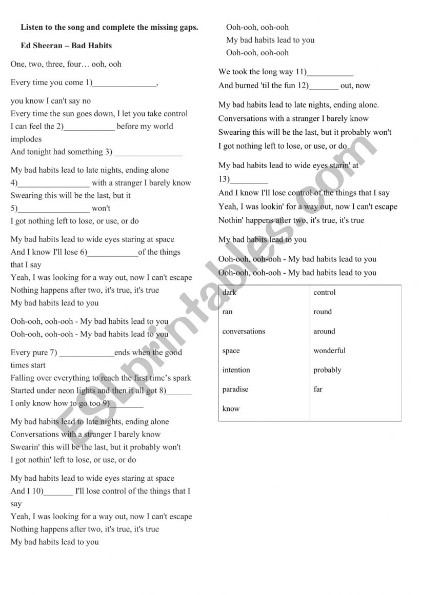 Bad Habits by Ed Sheeran worksheet