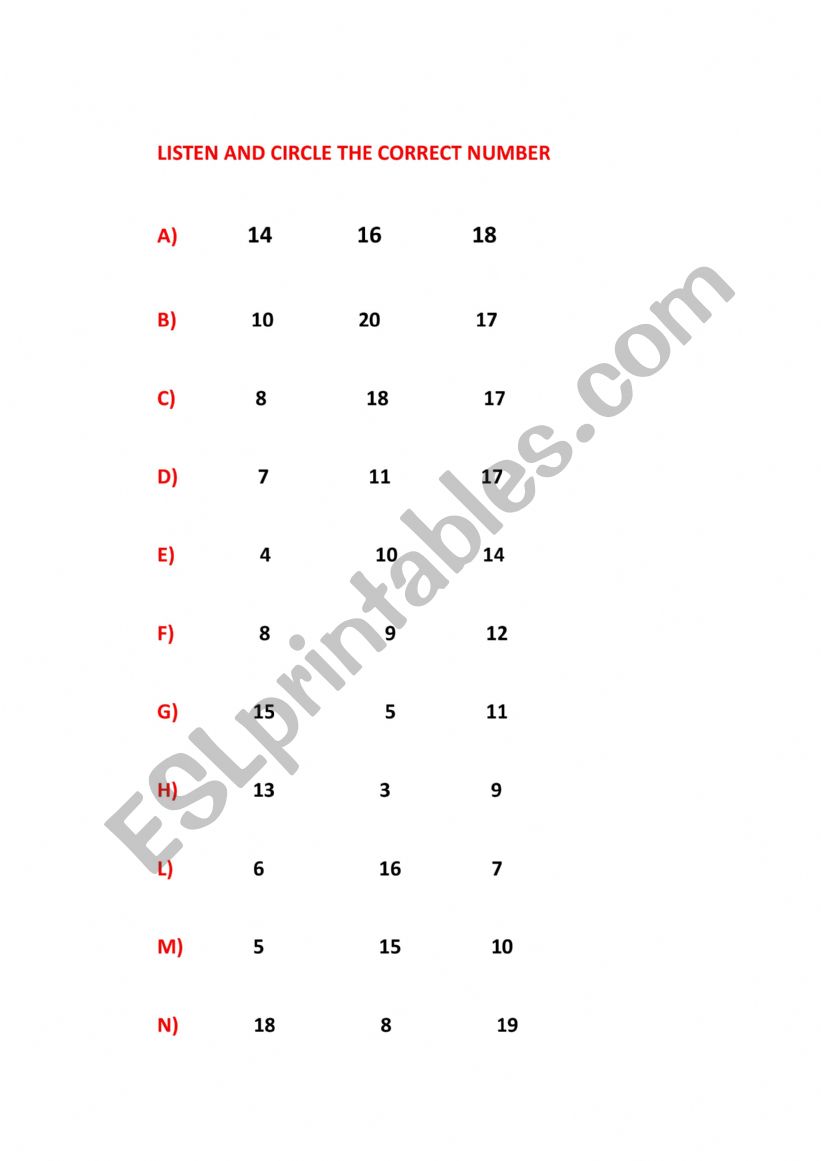 LISTEN AND CIRCLE THE CORRECT NUMBER 1-20