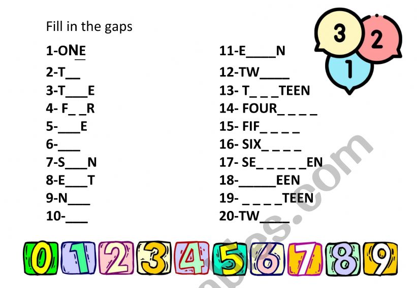 Numbers. Fill in the gaps worksheet