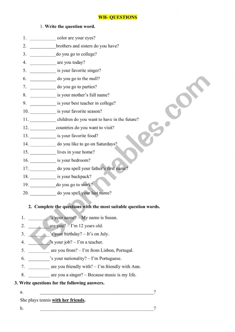 WH - questions worksheet