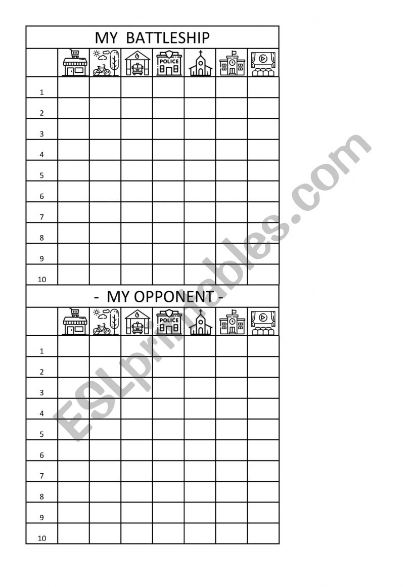 BATTLESHIP - PLACES IN TOWN worksheet