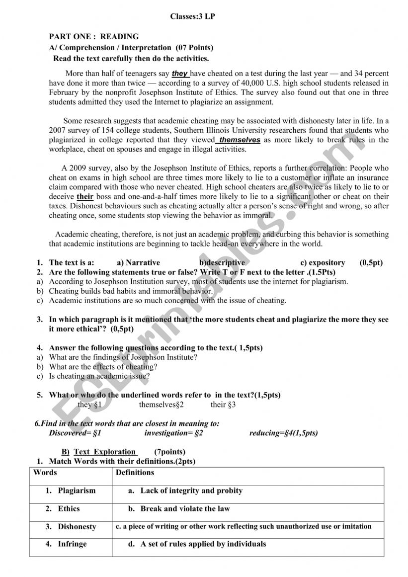 education exam worksheet
