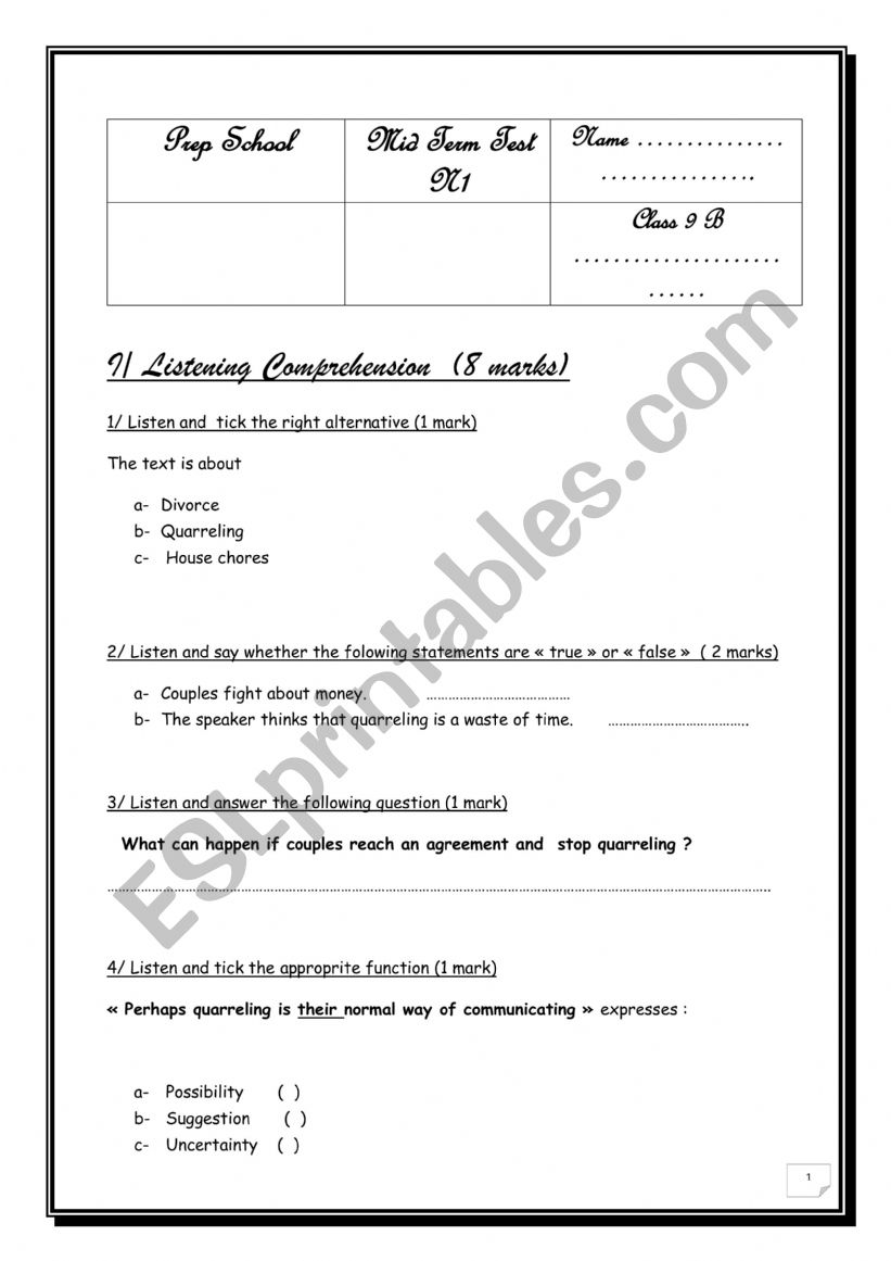 mid term test 1 9th form worksheet