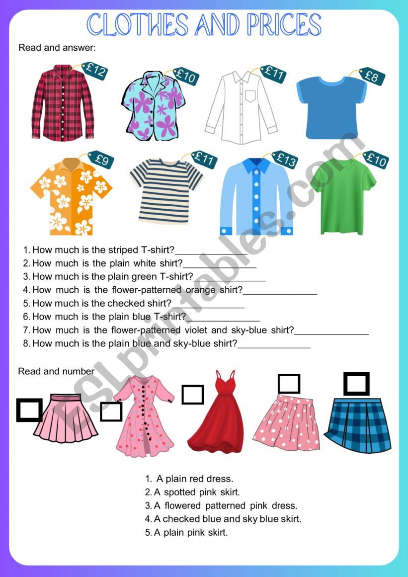 Clothes and prices worksheet