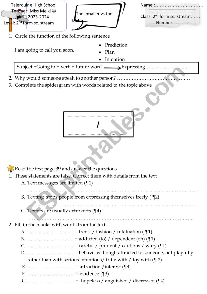 The texter vs the emailer worksheet