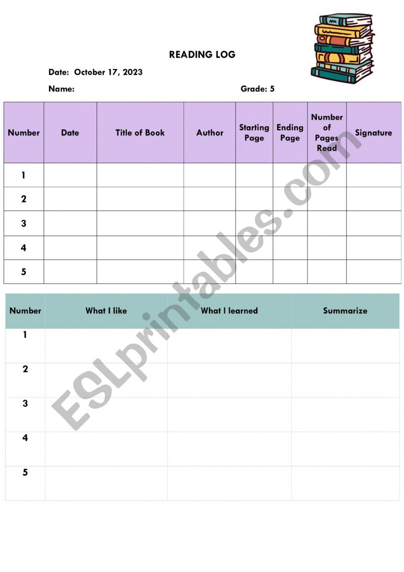 Reading Log worksheet