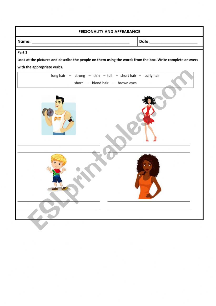 Personality and Appearance worksheet