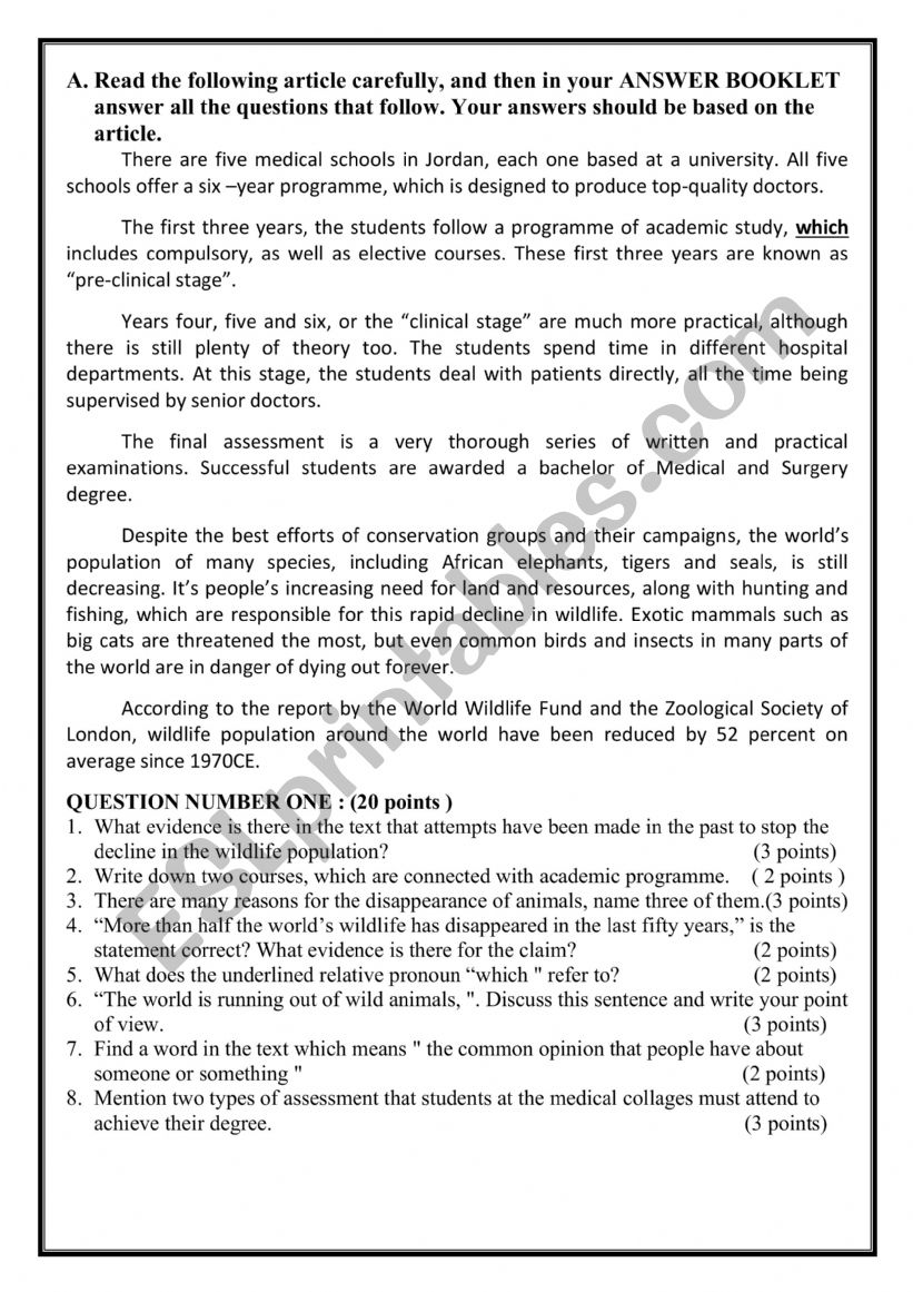 Exam worksheet