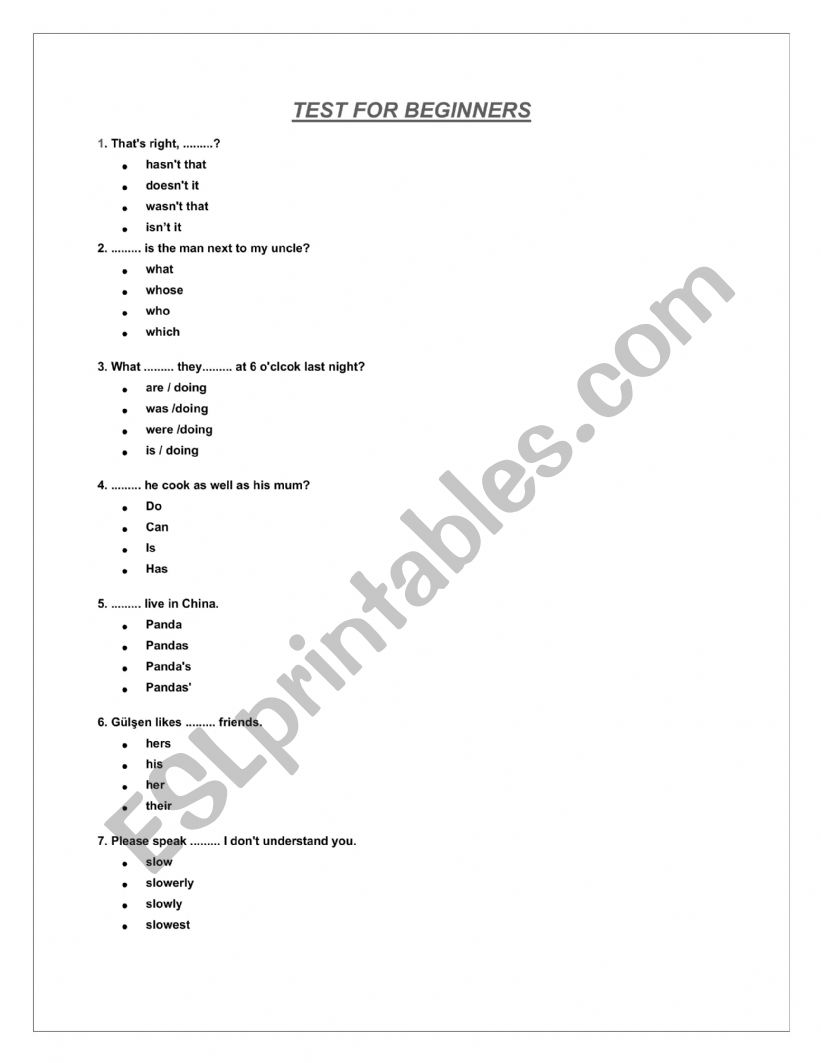 TEST FOR BEGINNERS (A1) worksheet
