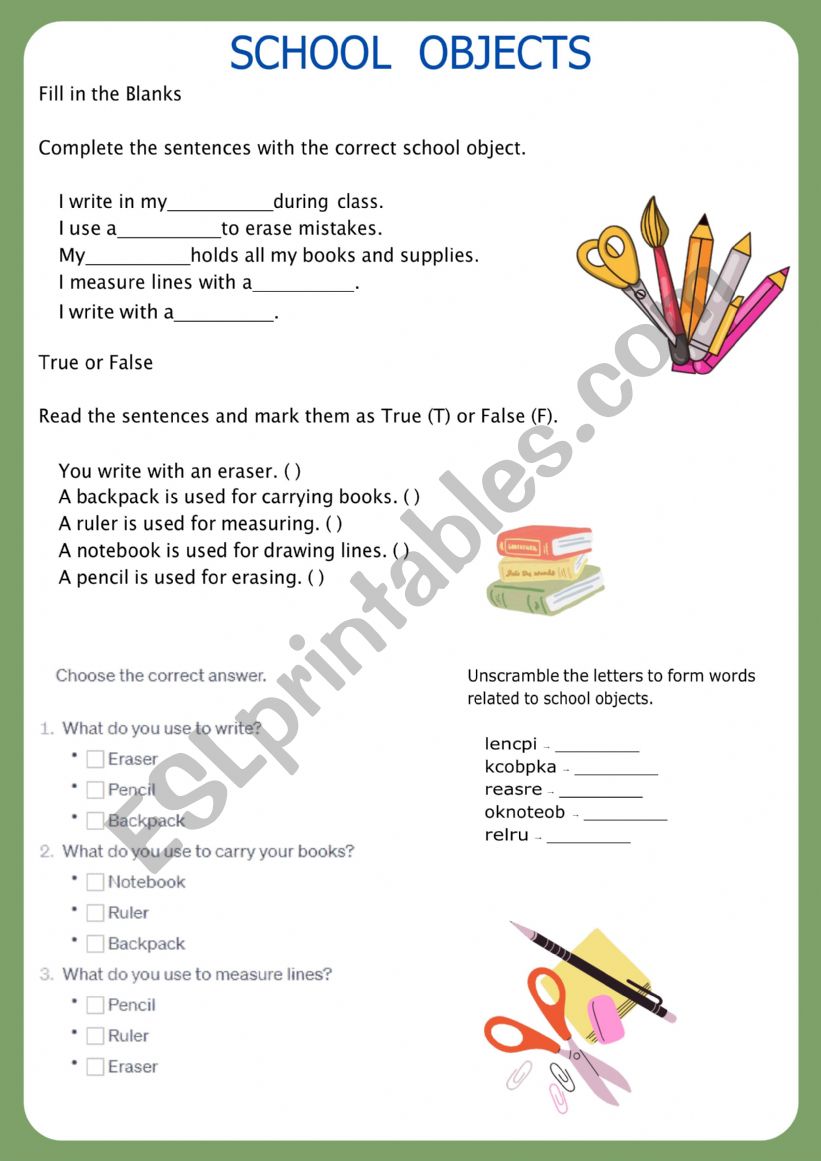 School objects worksheet