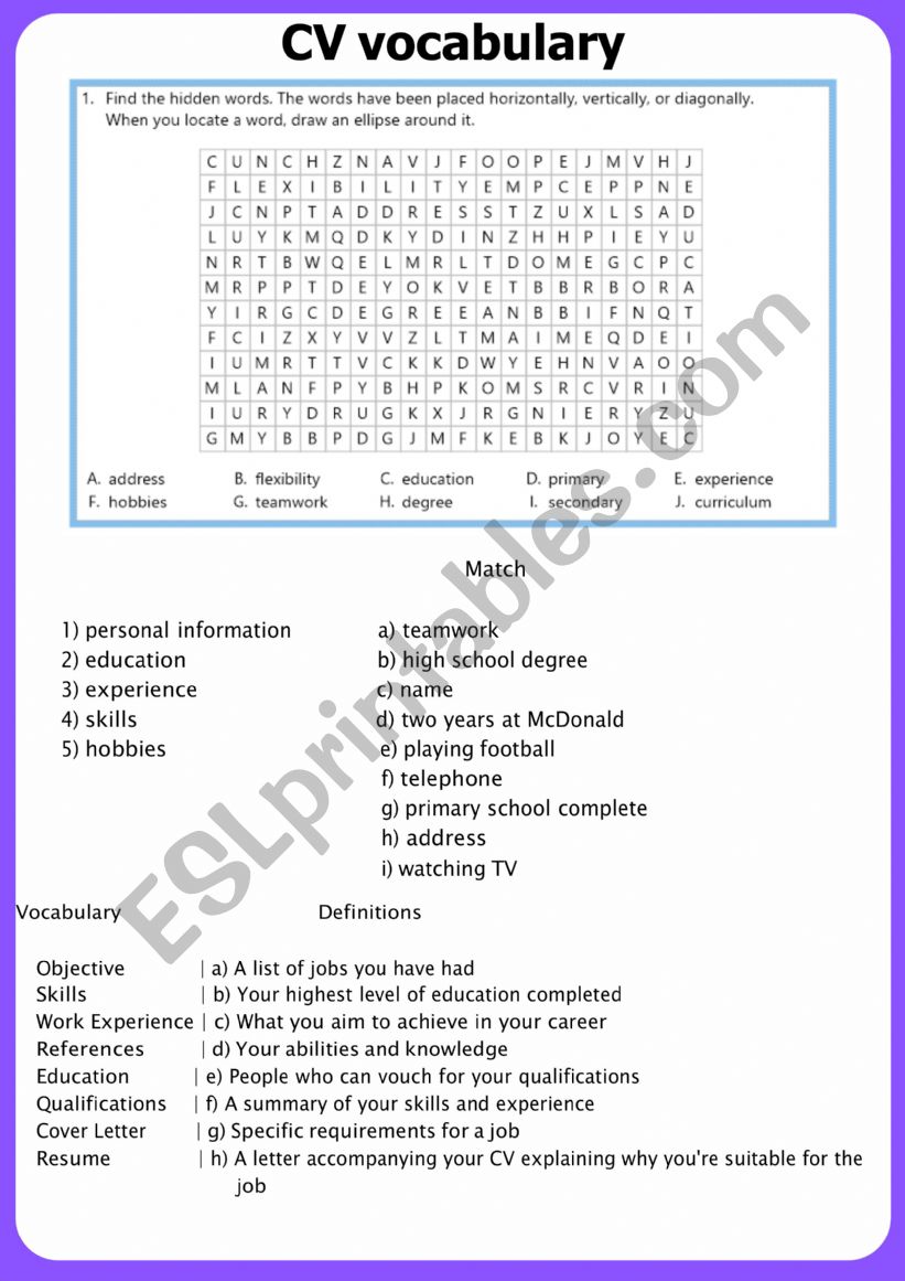 CV vocabulary worksheet