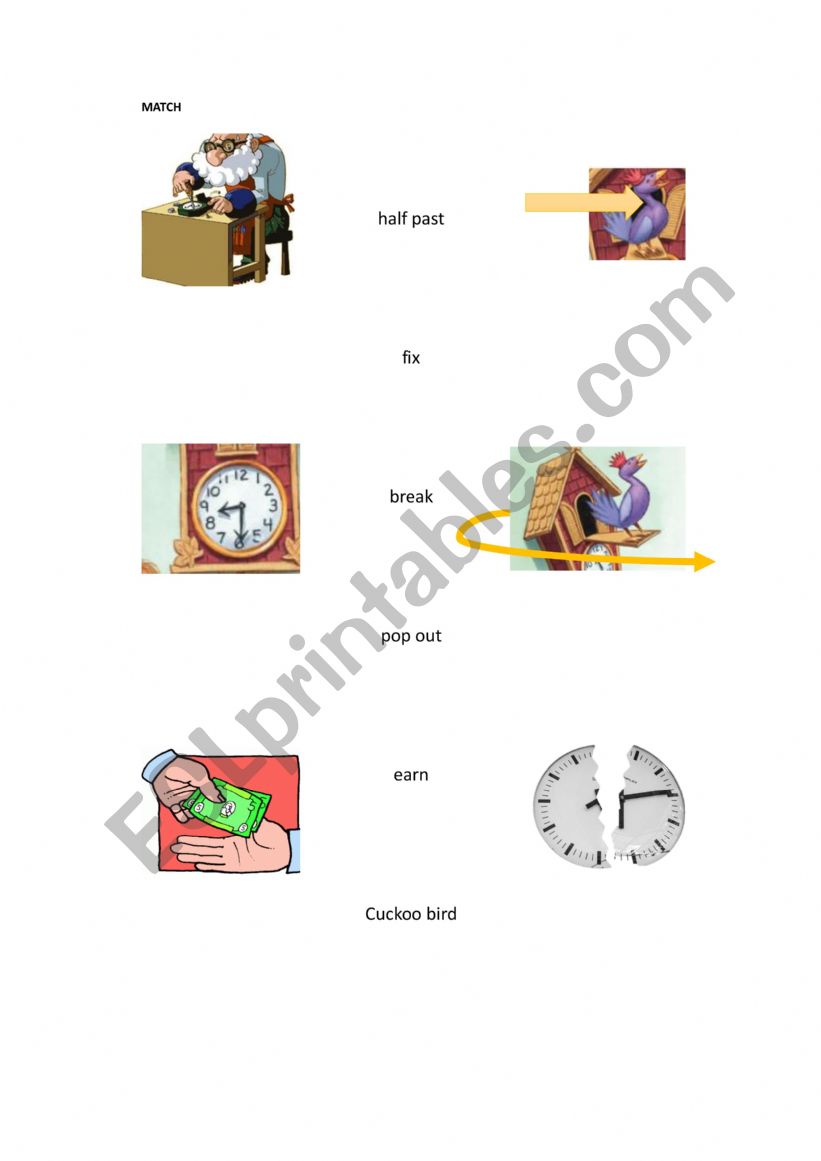 Half Past matching vocabulary worksheet