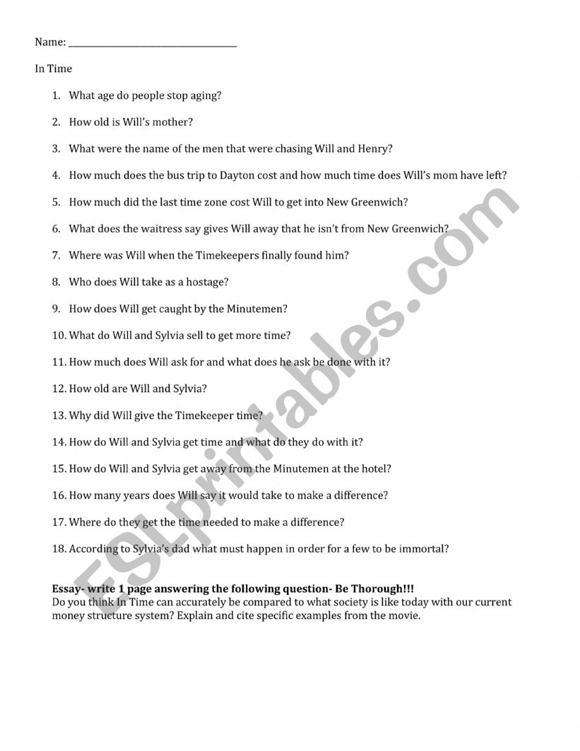 In Time Worksheet worksheet