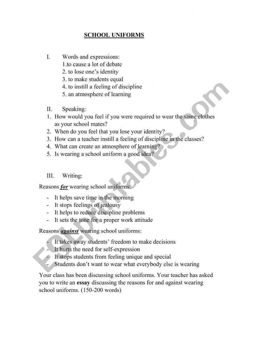 Speaking and writing worksheet