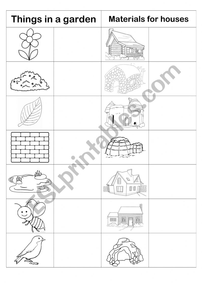 Things in a garden and house materials