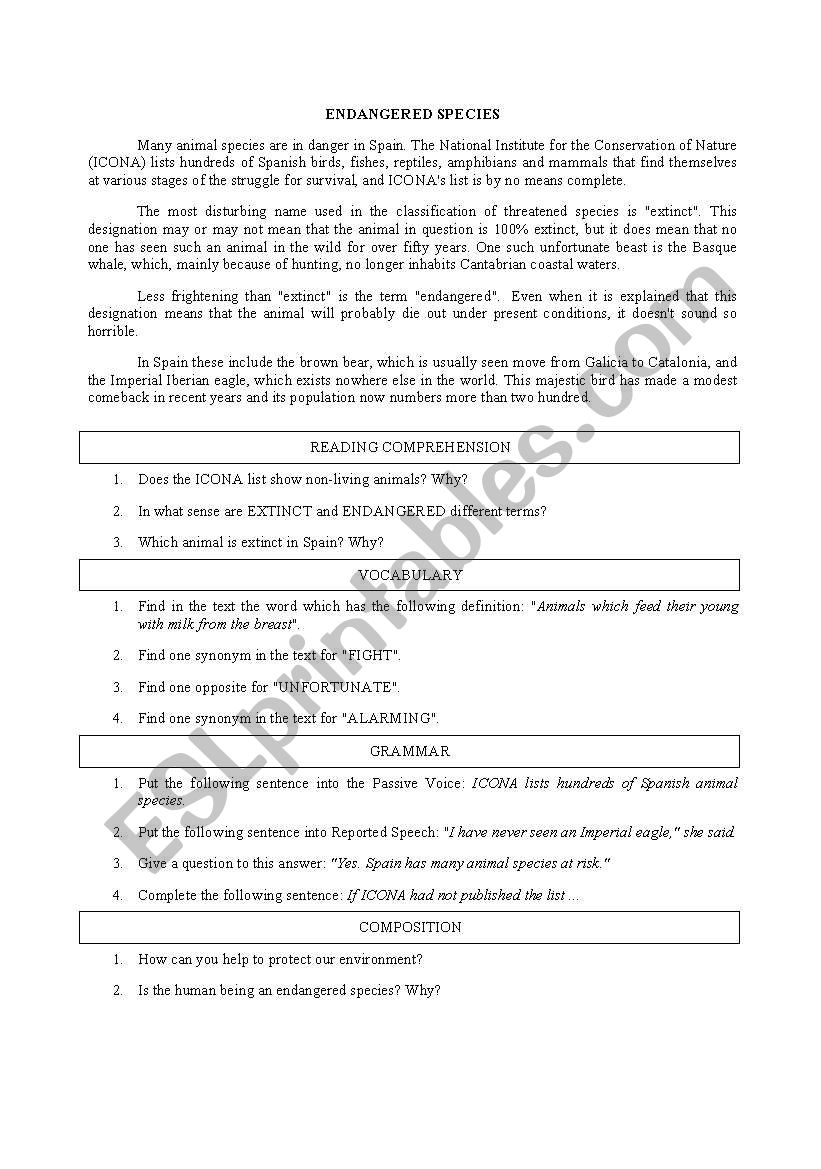 Endangered species worksheet