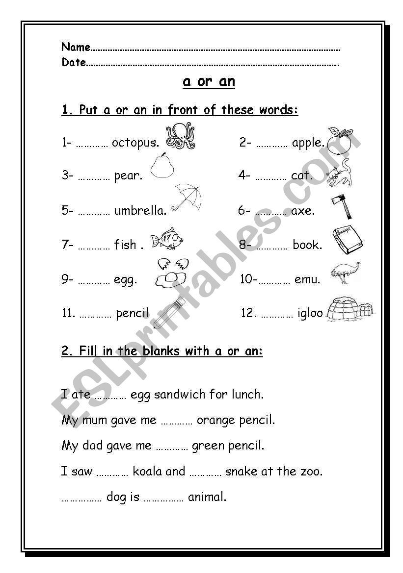 a or an? worksheet