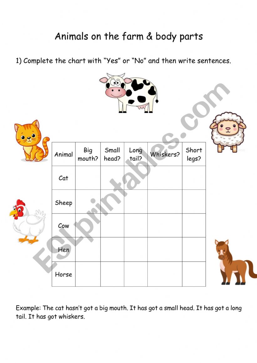 Farm animals and body parts worksheet