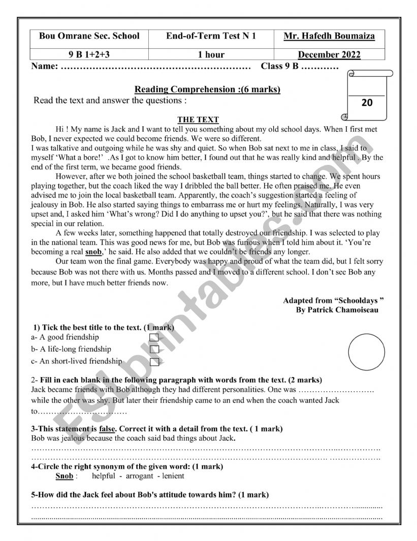 End of term 1 Grade 9 exam worksheet