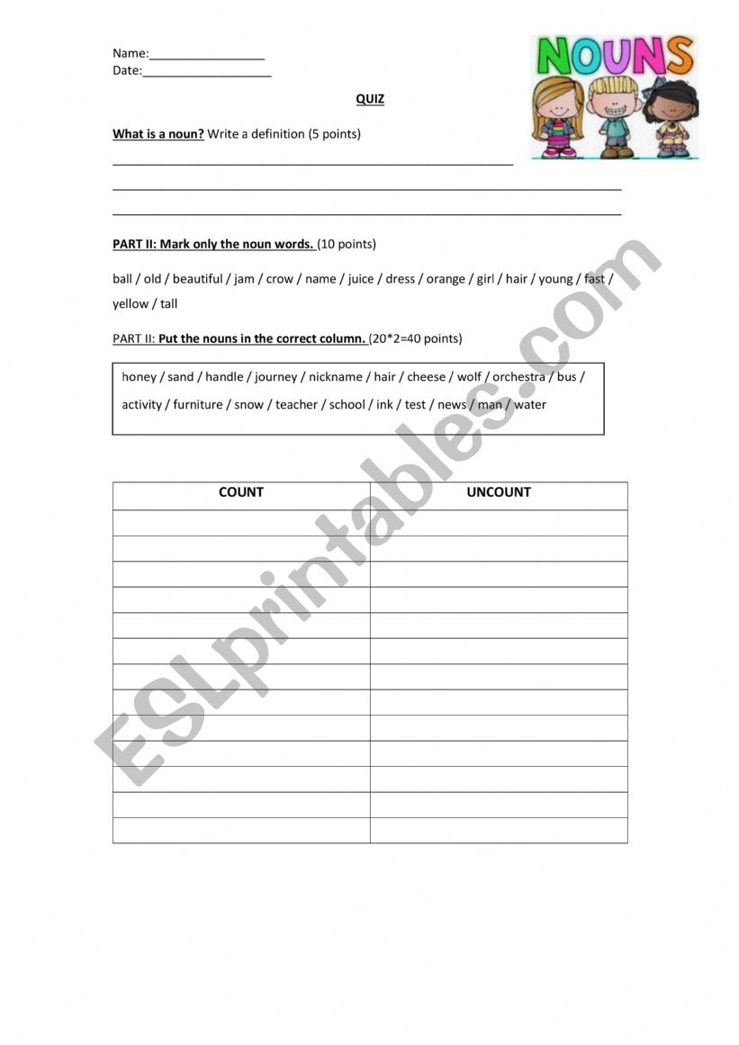 noun quiz worksheet