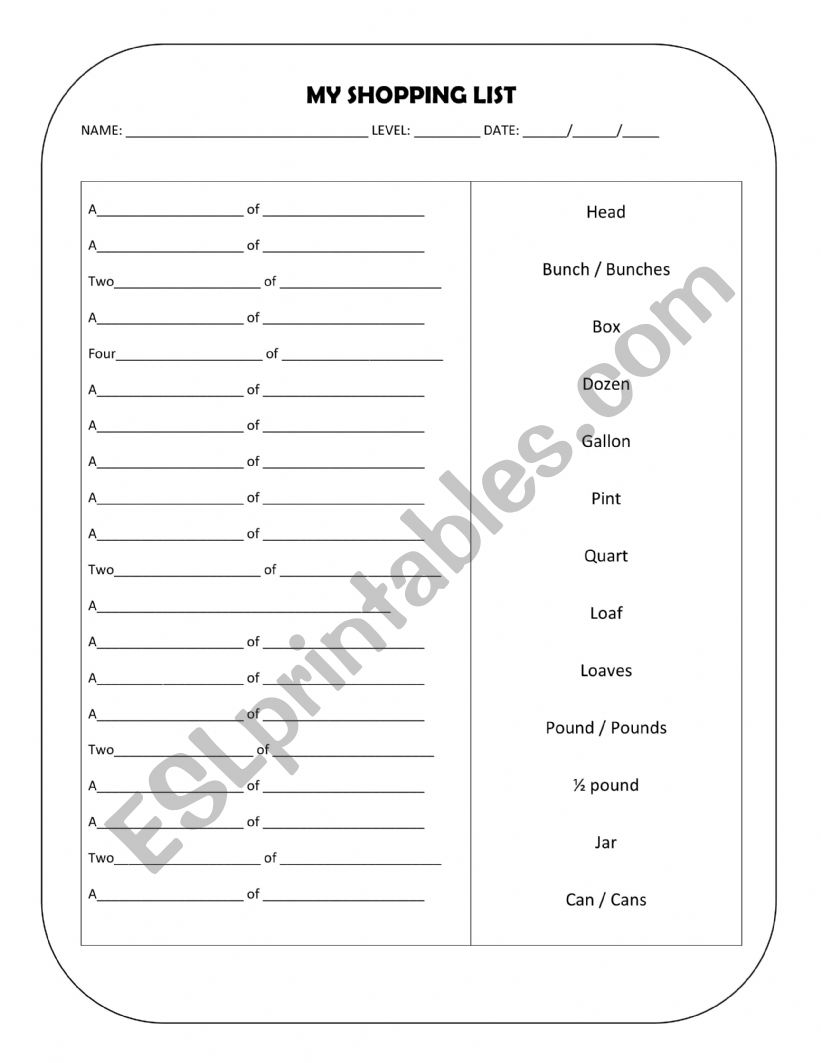 My Shopping List worksheet