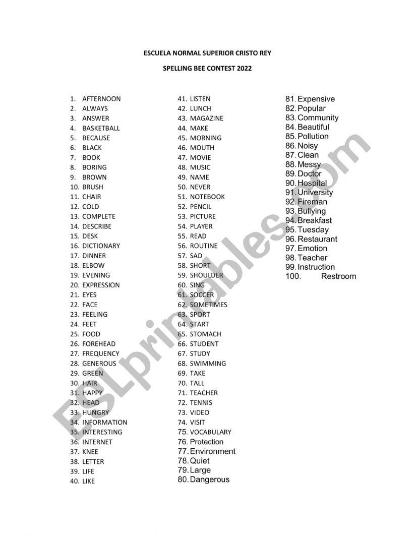 SPELLING BEE WORDS worksheet