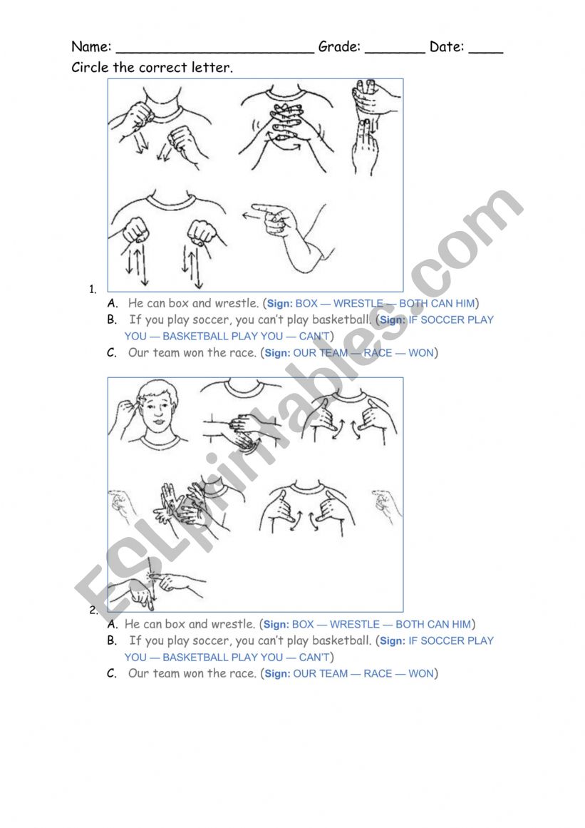 pe worksheets in sign language