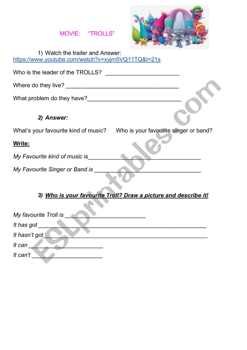 Trolls movie worksheet