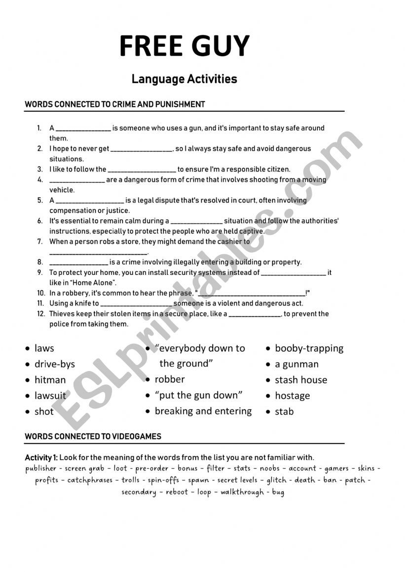 Free Guy Language Activities worksheet