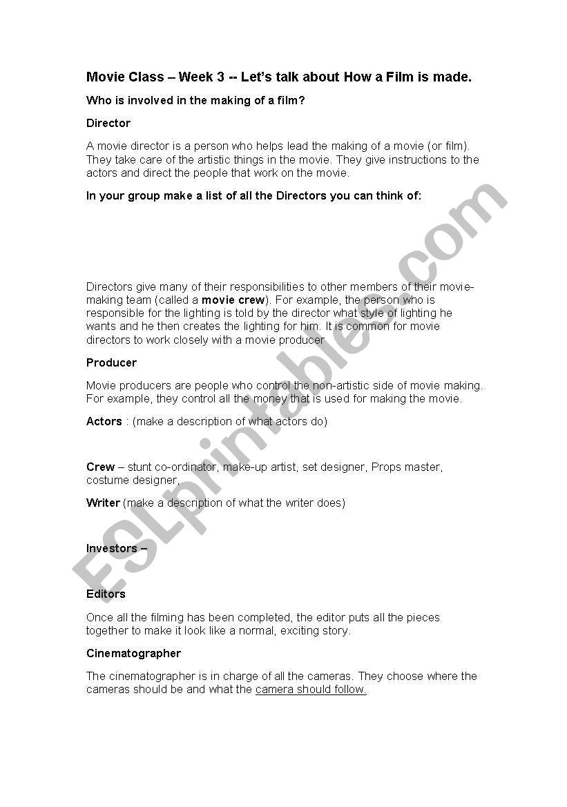 movie production process worksheet