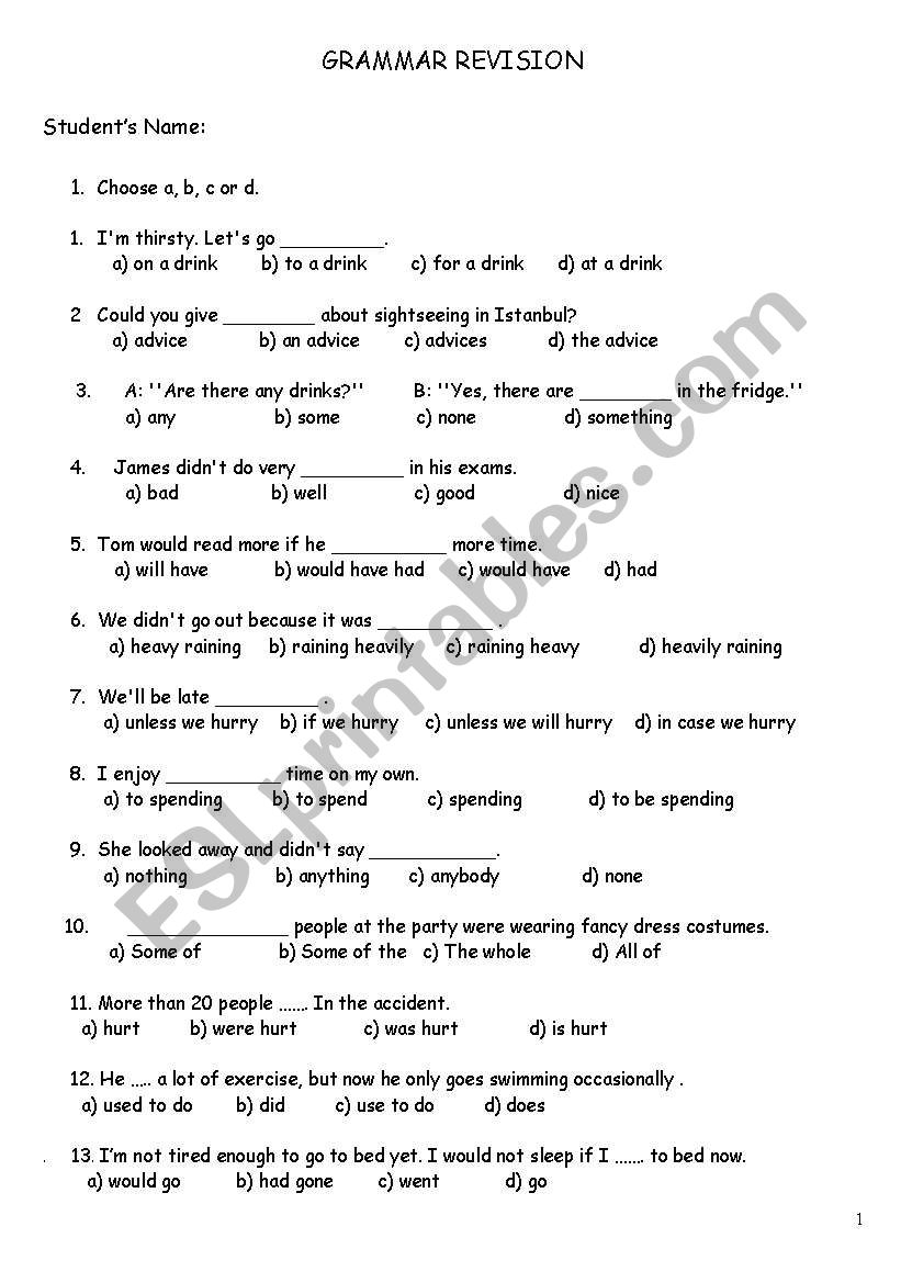 Grammar Revision worksheet