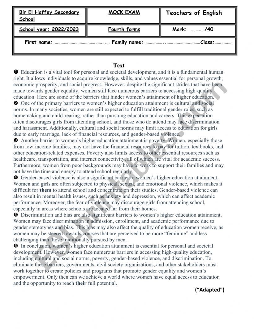 Mock Exam for baccalaureate students