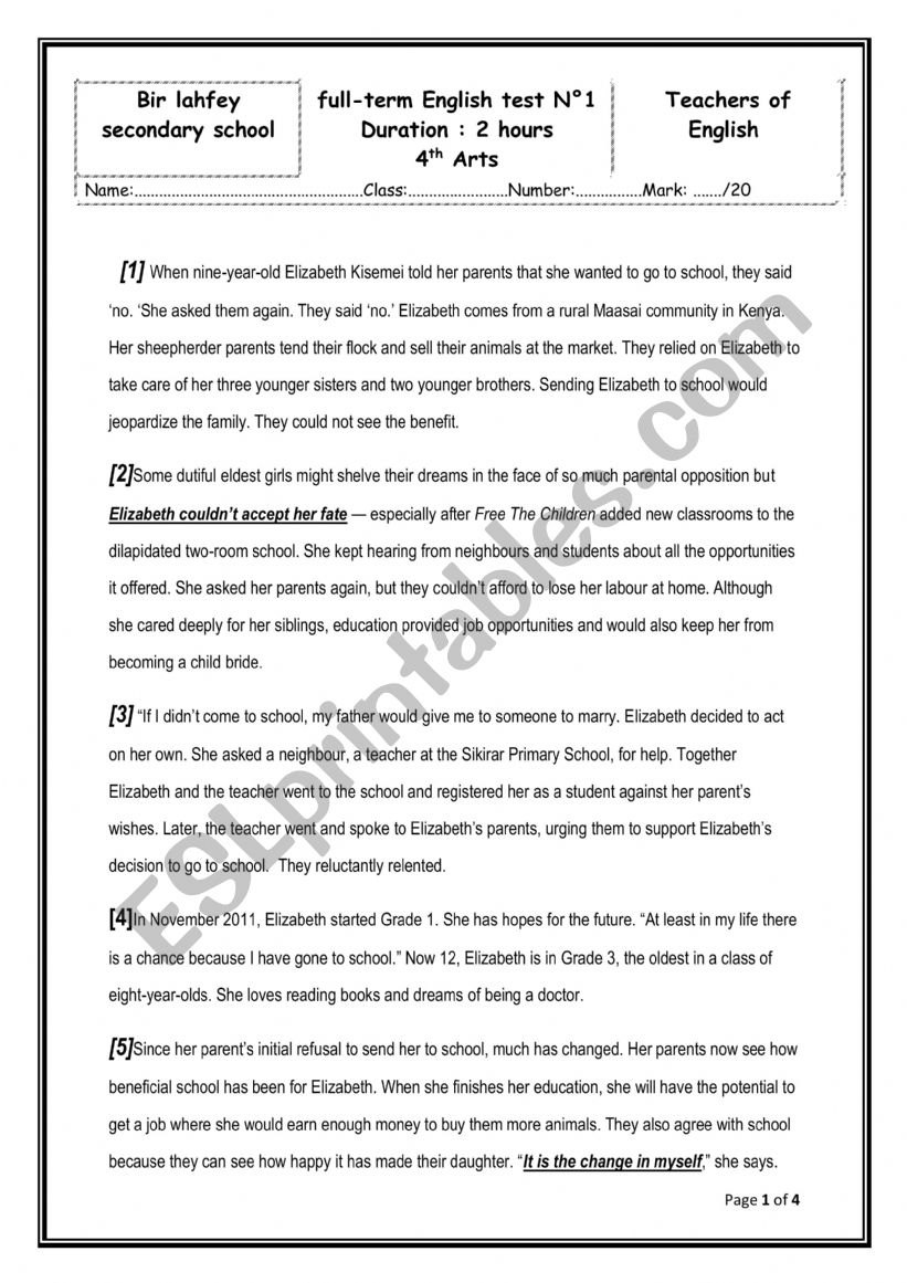 full term 1 bac lettres worksheet