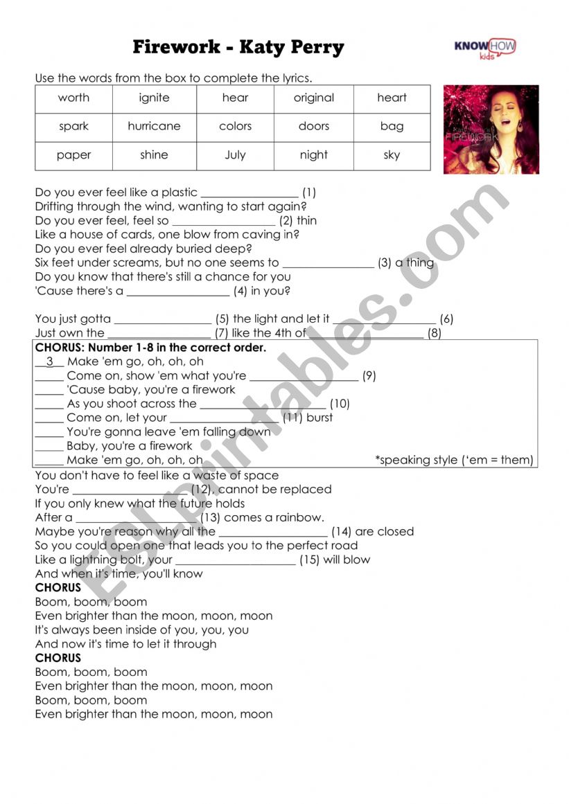 kate Perry song_firework worksheet