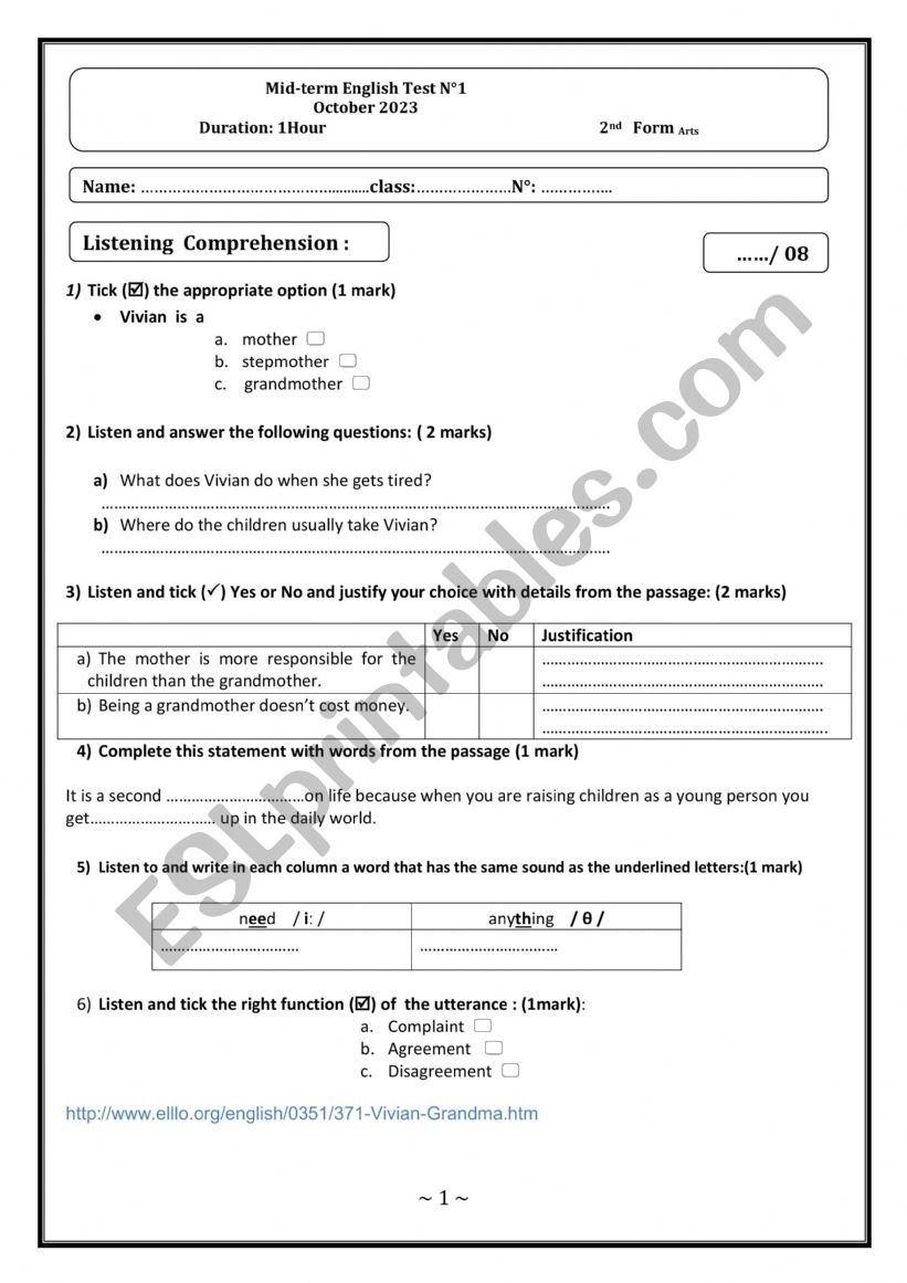 Mid- term test NÂ°2 for 2nd form Arts stream - ESL worksheet by youda