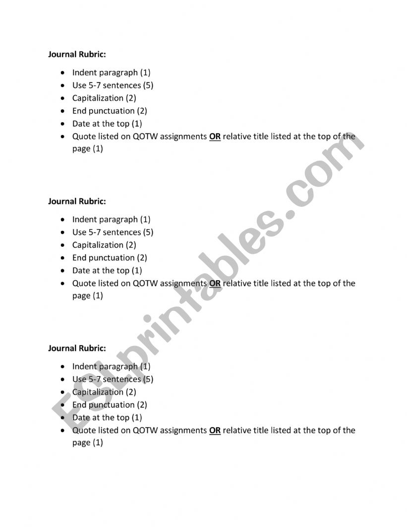 Journal Rubric for English worksheet
