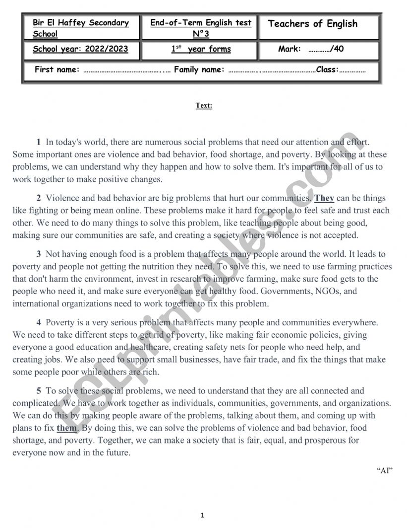 full term test3 1st secondary worksheet