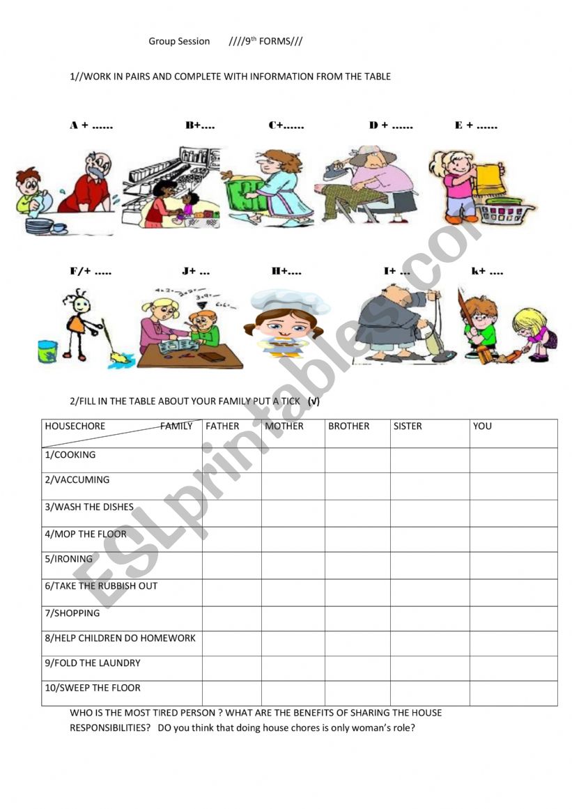 HOUSE CHORES GROUP SESSION worksheet