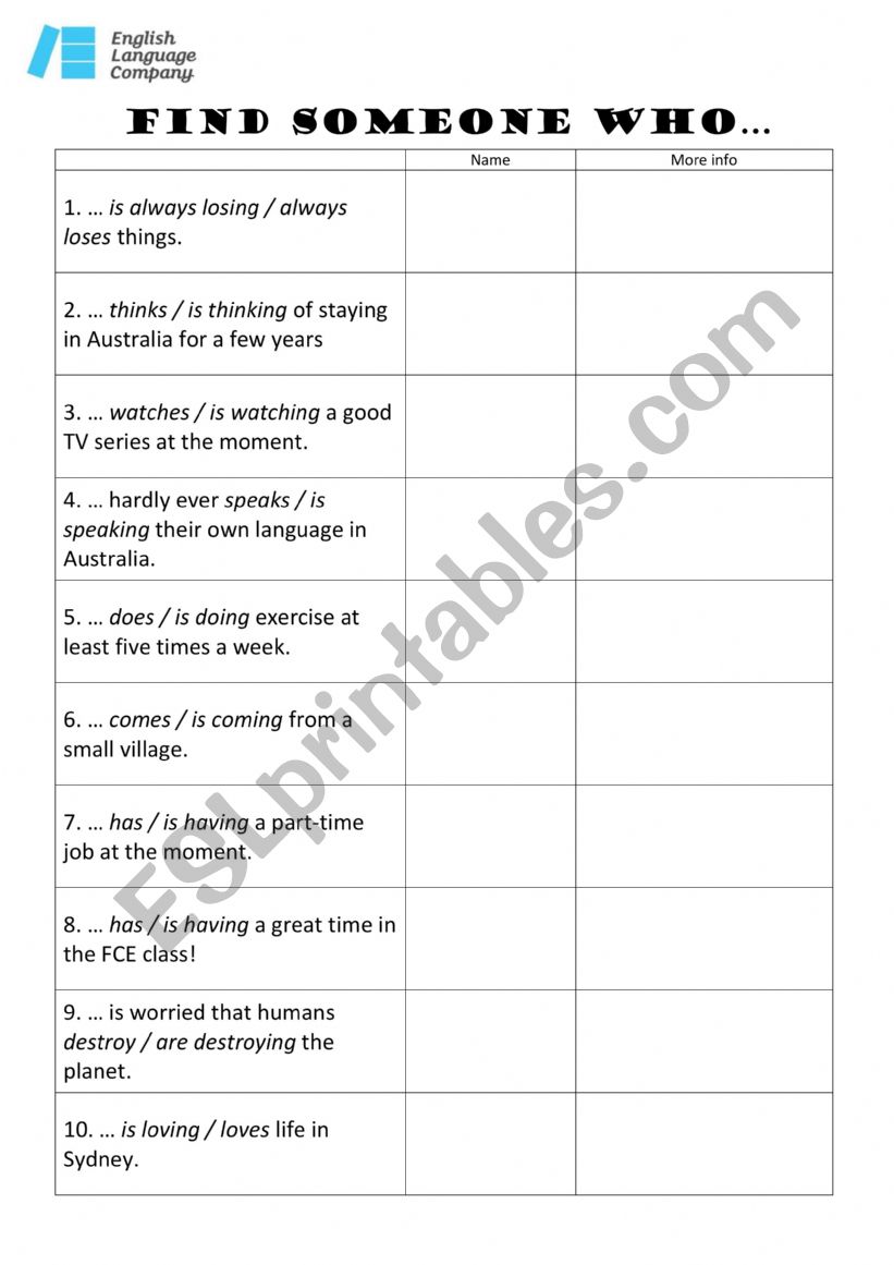 present simple and present continuous find someone who - ESL worksheet ...