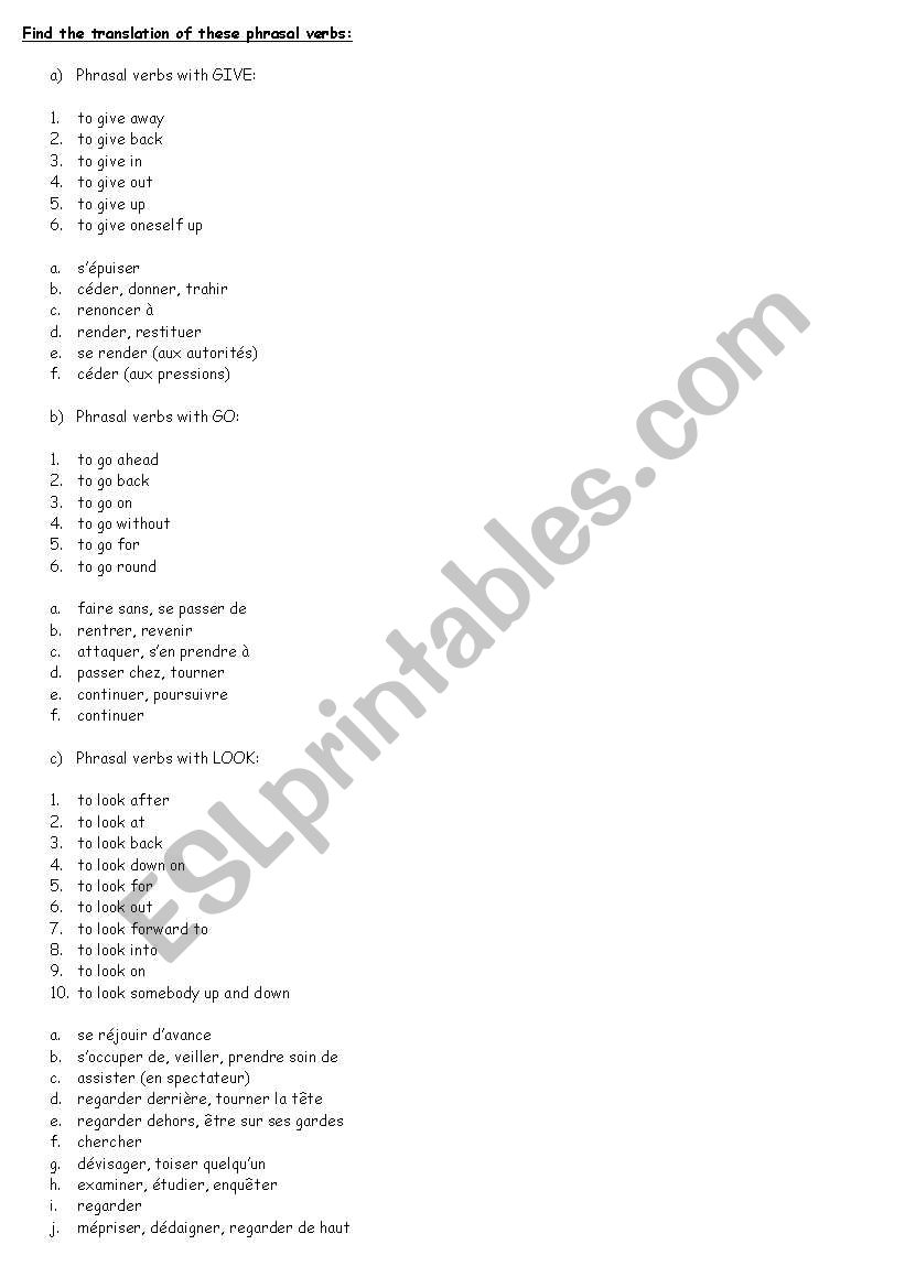 Phrasal verbs worksheet