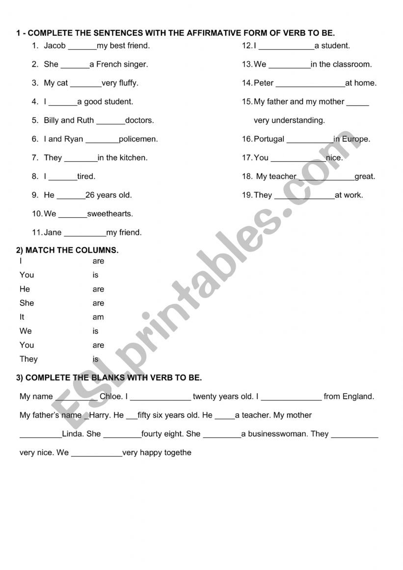 VBERB TO BE worksheet