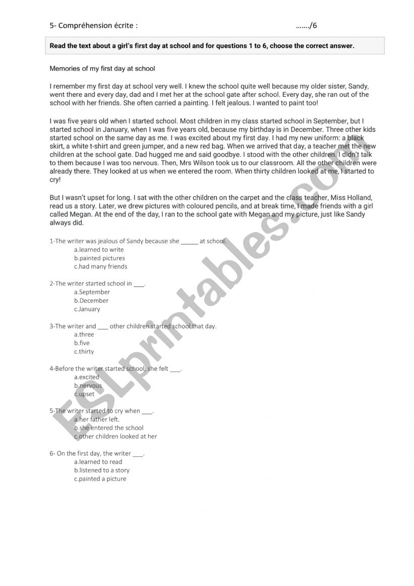 reading comprehension school worksheet