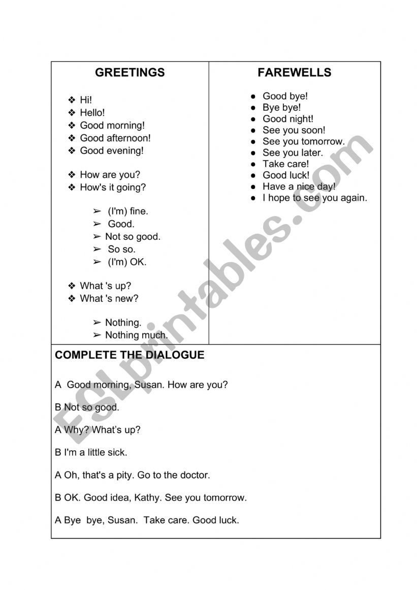 Greetings and Farewells worksheet