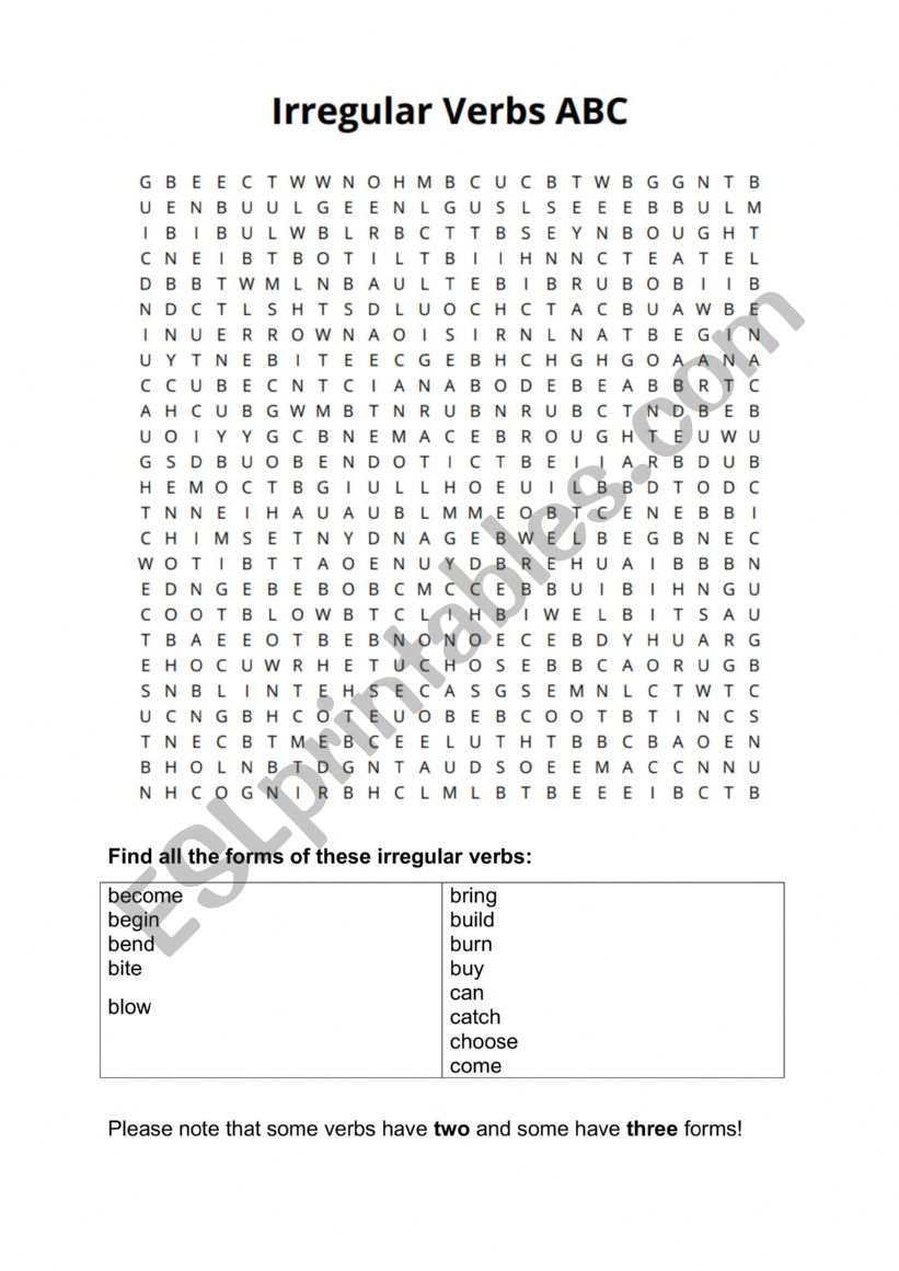 Irregular verbs wordseach ABC worksheet